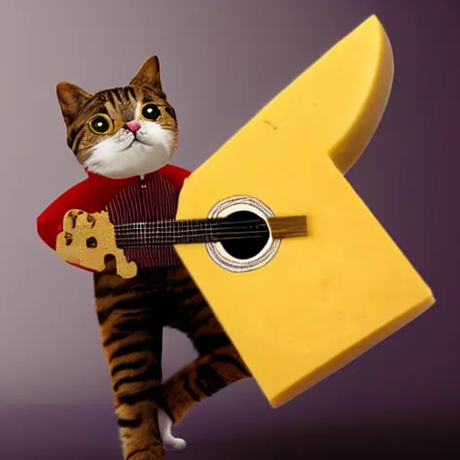 Image similar to A Hyperealistic Cat with a body made out of cheese playing guitar.