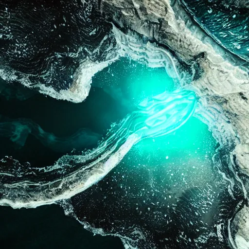 Prompt: top down view of an alien ocean, sea leviathan serpent emerging out of the water, mountains sticking out of the ocean, storm, octane render, detailed, cinematic lighting, dramatic lighting