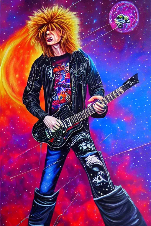 Image similar to beautiful detailed acrylic painting of a psychedelic and hardcore dave munstaine play music in the cosmos