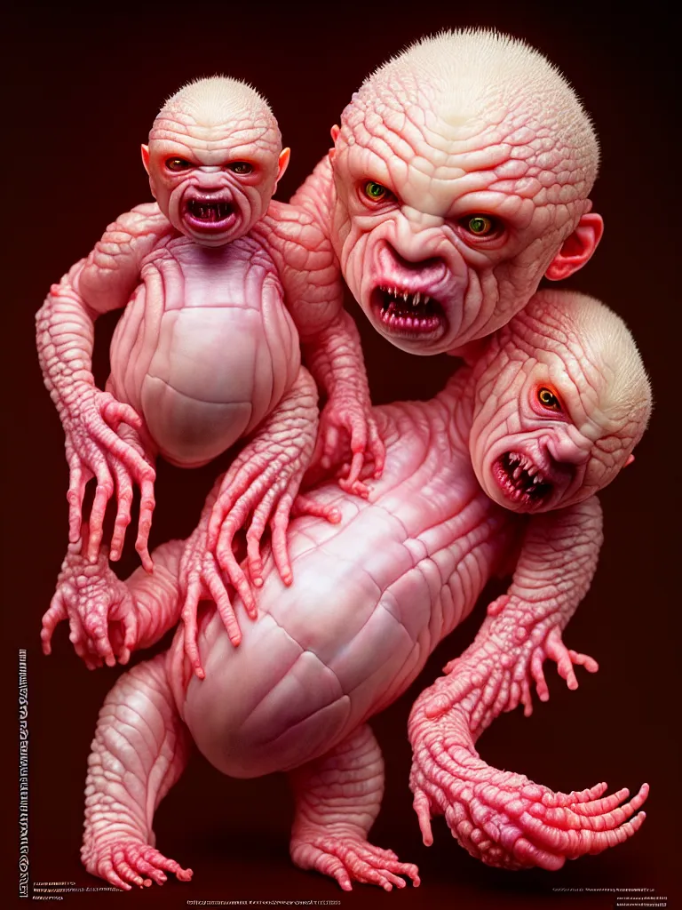 Image similar to hyperrealistic rendering, fat smooth cronenberg flesh monster albino baby by donato giancola and greg rutkowski and wayne barlow and zdzisław beksinski, product photography, action figure, sofubi, studio lighting, colored gels