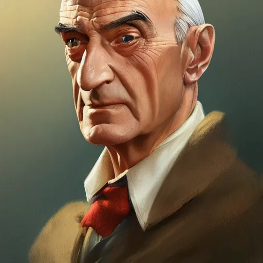 Image similar to Louis de Funès, portrait, headshot, D&D, fantasy, highly detailed, digital painting, artstation, concept art, sharp focus, illustration, art by artgerm and greg rutkowski and alphonse mucha