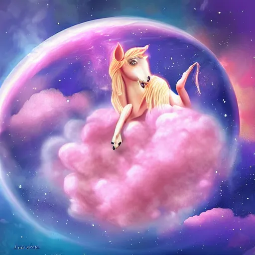 Image similar to a giant pink fat unicorn eating jupiter like cotton candy, digital art, highly detailed