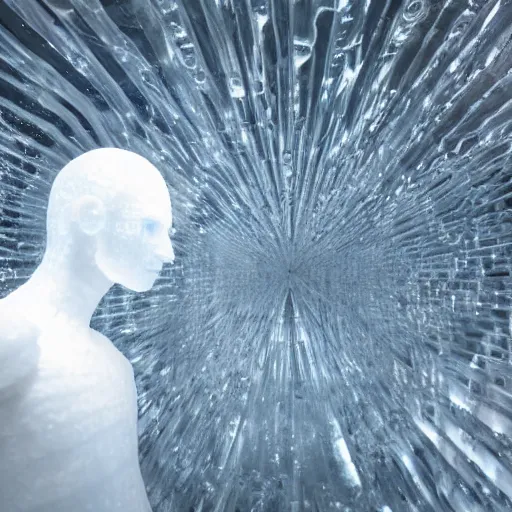 Prompt: human being made of clear ice