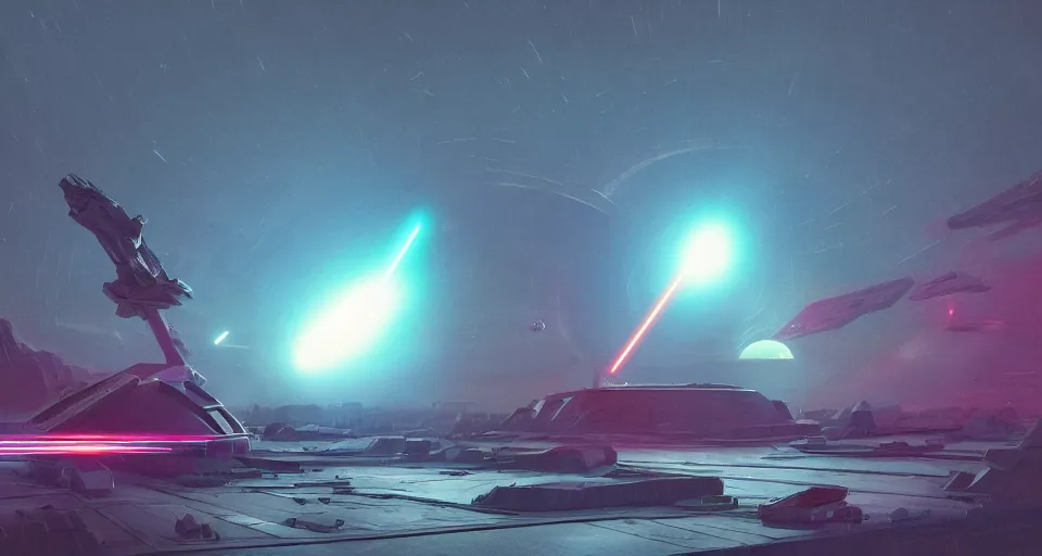 Prompt: GIANT ORBITAL DEATH CANNON, DEATH STAR, Low orbital laser cannon shooting a neon beam down on the landscape, neon laser cannon, cinematic, rendered by Beeple, Makoto Shinkai, syd meade, simon stålenhag, star wars, inspired by Gundam, environment concept, digital art, unreal engine, 3 point perspective, WLOP, trending on artstation, low level, 4K UHD image, octane render,