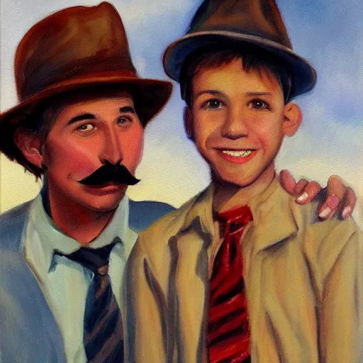 Image similar to a man with brown hair, mustache with a fedora hat, standing next to a boy with a red shirt a messy brown hair painting