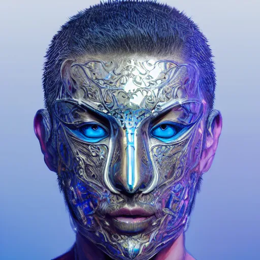 Prompt: Very very very very highly detailed epic central composition portrait of face with venetian mask, blue, intricate, dystopian, sci-fi, extremely detailed, digital painting, artstation, concept art, smooth, sharp focus, illustration, intimidating lighting, incredible art by Tokujin Yoshioka and Anton Pieck