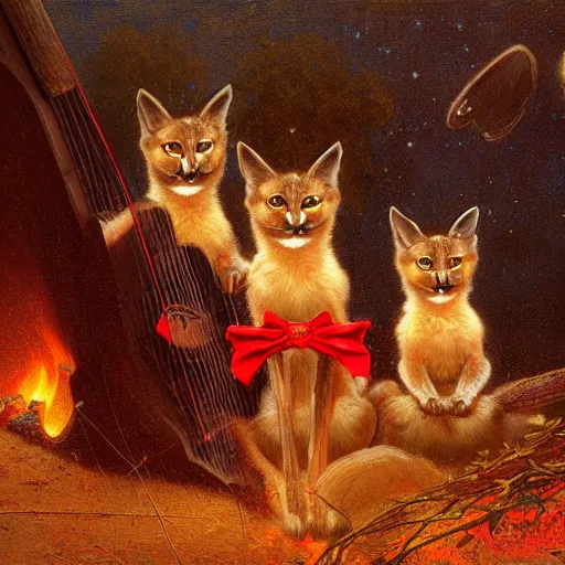 Image similar to three cute caracals wearing red bows and ties with guitar, campfire, night, atmospheric lighting, intricate, volumetric lighting, digital art, highly detailed by gaston bussiere, craig mullins, j. c. leyendecker 8 k