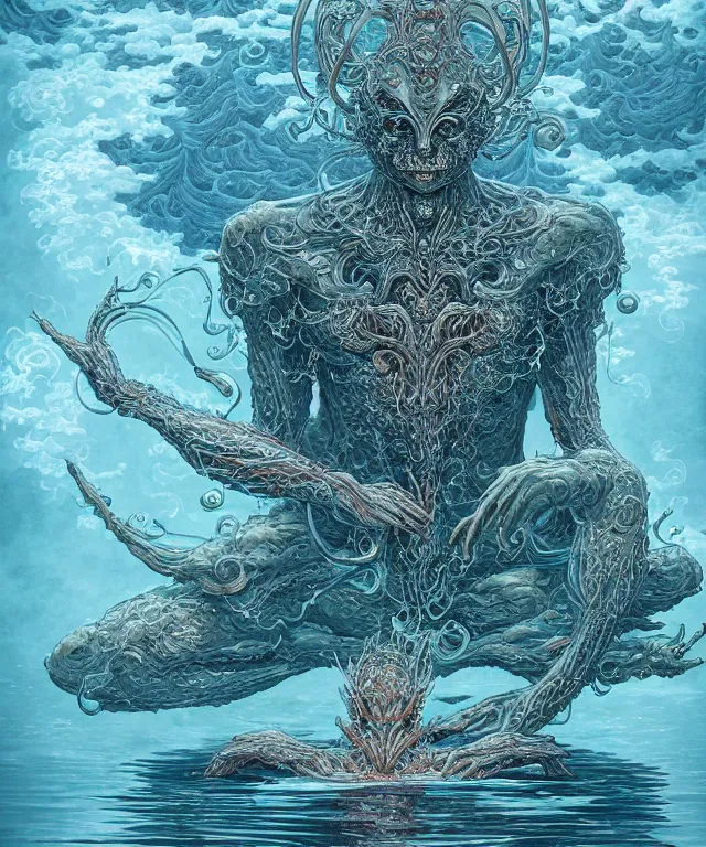 Image similar to a water demon meditating and floating, centered composition, crisp 8 k line art, digital painting, artstation, unreal engine, octane render, emissive lighting, concept art, matte, sharp focus, hyper realistic lighting, illustration, art by junto ito and takato yamamoto and philippe druillet