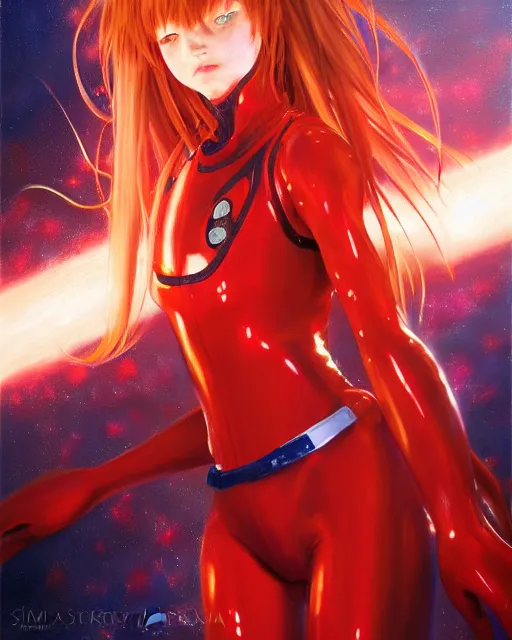 Image similar to asuka langley soryu wearing plugsuit, award winning photograph, radiant flares, realism, lens flare, intricate, various refining methods, micro macro autofocus, evil realm magic painting vibes, hyperrealistic painting by michael komarck - stephen gemmell