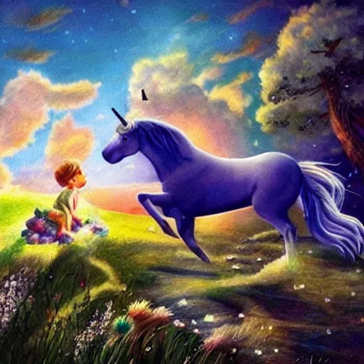 Image similar to dream : a fabulous landscape, a magical unicorn. a boy is sitting astride him. a cat is lying