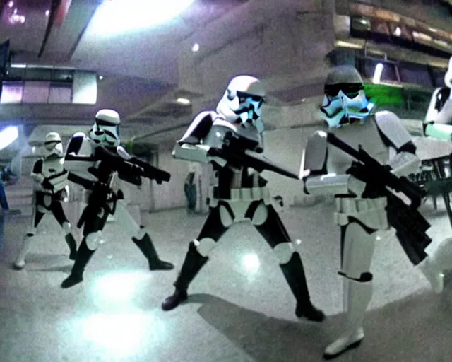 Prompt: cctv footage of stormtroopers executing a night raid in hong kong, grainy, fish eye lens, green night vision, cdx