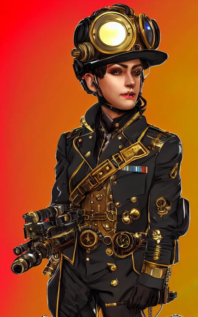 Prompt: full view portrait character concept artstation military - uniform - suit with gold electronics and neon steampunk, hyperdetailed digital art illustration