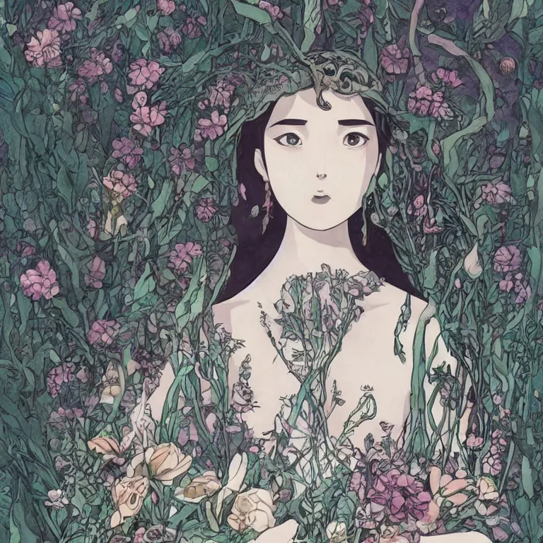 Prompt: young goddess, beautiful symmetrical face detailed face, realistic proportions, wearing a dark grey dress, peering from behind an ( enormous conical pile of skulls )!!! with flowers in the background, lush painting in the style of studio ghibli