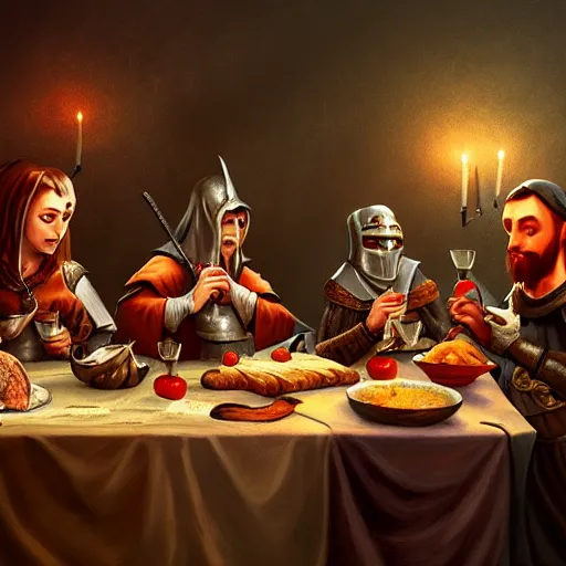 Image similar to medieval feast with drinking, artstation, fantasy