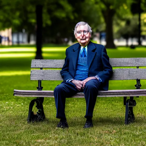 Image similar to photograph portrait of Mitch McConnell sitting on a park bench, sigma 85mm f/1.4, 4k, depth of field, high resolution, 4k, 8k, hd, full color