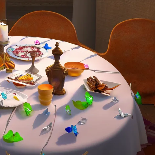 Prompt: Grogu sits at an itailian restaurant dining booth with a white table cloth and fine china, in the center of the table is a flickering candle, surrounding the candle are some small colorful translucent butterflies, Grogu tries to catch a butterfly with big translucent wings. 4K. HDR, UE5, octane, artstation