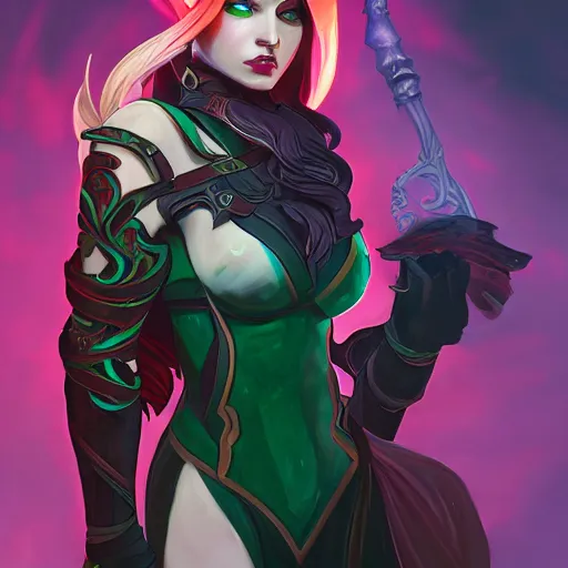 Image similar to Female Blood Elf rogue, ambient lighting, 4k, alphonse mucha, lois van baarle, ilya kuvshinov, rossdraws, artstation