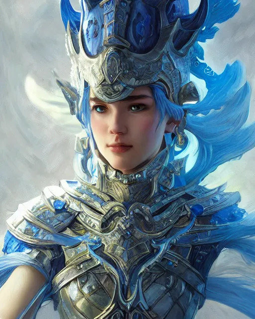 Image similar to Portrait of a Fantasy azure knight, moonlit, HD, illustration, epic, D&D, fantasy, intricate, elegant, highly detailed, digital painting, artstation, concept art, smooth, sharp focus, illustration, art by artgerm and greg rutkowski and alphonse mucha, monster hunter illustrations art book