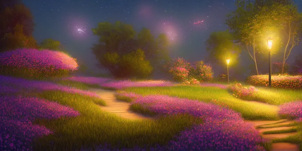 Image similar to fireflies around the ocean inspired by Evgeny Lushpin,flower meadow,spring,cinematic,trending on ArtStation