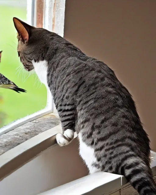 Image similar to a watchful cat is staring out the window at a couple of birds in the yard the birds are hunting for food on the ground. the cat's tail is slowly flicking back and forth