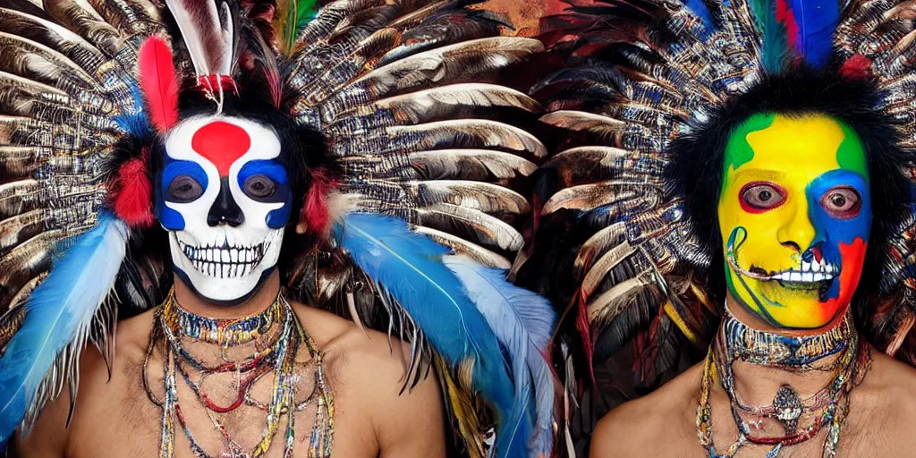 Prompt: ney matogrosso with paint on face, feathers, leather, lace, gold wings on head, tibetan skeleton dancer, painting by gottfried helnwein