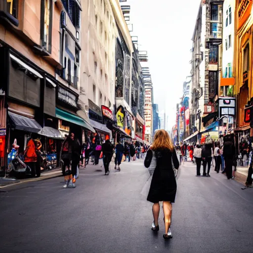 Prompt: A woman walks through a busy city street, the noise and bustle of the crowd around her, as she thinks about her life and what she wants to do with it.