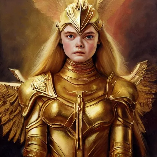 Image similar to ultra realistic medium shot portrait painting of elle fanning wearing golden valkyrie armor, art by frank frazetta, 4 k, ultra realistic, highly detailed, epic lighting