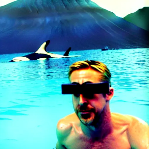 Image similar to ryan gosling in swimming trunks and cyberpunk style goggles rides a killer whale in a lava lake, photo