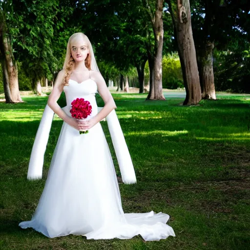 Prompt: a symmetric and beautiful face, professional full length high definition photo of a young blonde woman with twin tails and wedding dress posing in a park