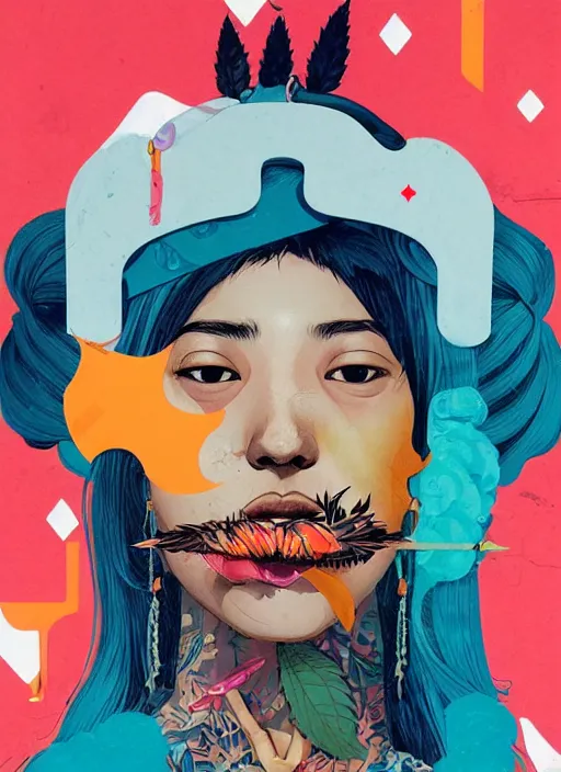 Image similar to 2022 stoner girl in Love by Sachin Teng x Supreme :5 attractive, stylish, designer , smoke, marijuana asymmetrical, Matte Painting , geometric shapes, hard edges, graffiti, street art:4 Masterpiece, impressive detail, colorful, by Sachin Teng:4