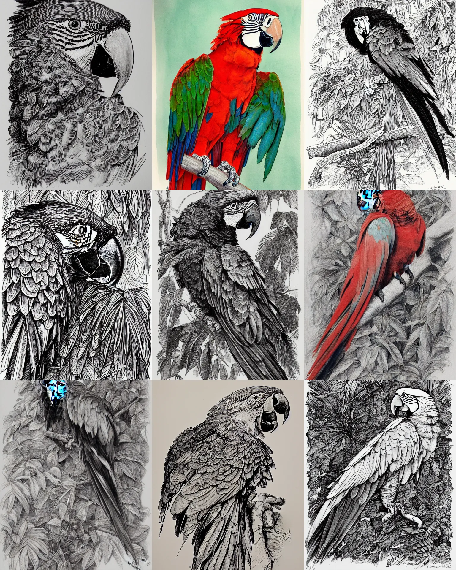 Prompt: a spot illustration of a red macaw parrot by john blanche, ian miller, alex boyd, highly detailed, ink on paper