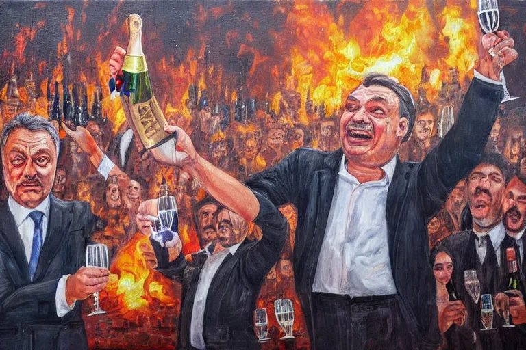 Prompt: viktor orban drinking champagne and cheering in front a burning city, highly detailed eyes, oil on canvas