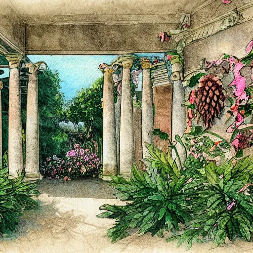 Image similar to delicate garden on paper floating puffy vines botanical herbarium botanic watercolors iridescent 8 k wide angle realistic shaded fine details, artstation italian rainbow colonnade oak pinecone gardena architecture pompeii