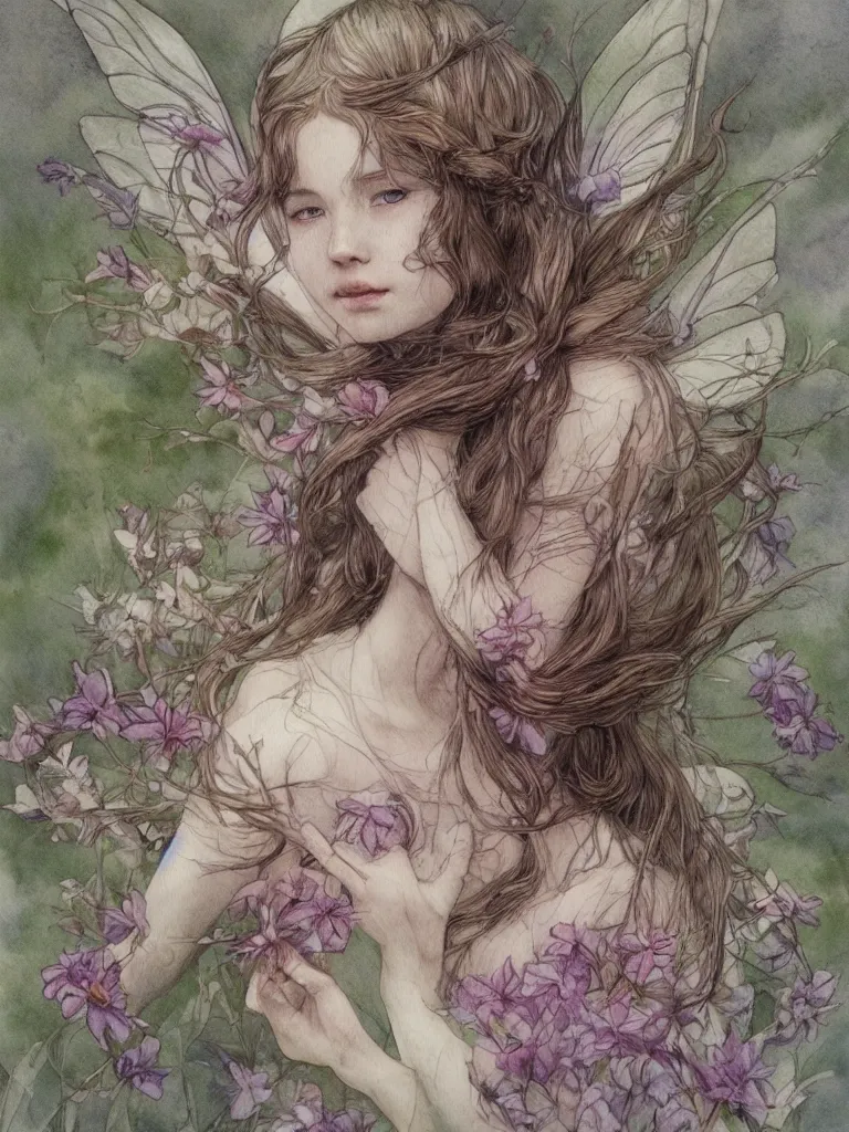 Image similar to study of a flower fairy, illustration, watercolor, alan lee, detailed, pretty, ethereal, realistic, artstation,