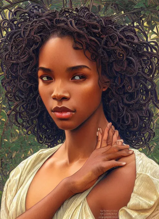 Prompt: beautiful african american young woman, head and shoulders portrait, intricate, elegant, highly detailed, centered, digital painting, artstation, concept art, smooth, sharp focus, illustration, art by artgerm and donato giancola and alphonse mucha