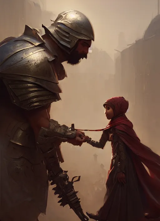 Prompt: portrait of male epic armored war commander hugging female kids with hijab. highly detailed, digital painting, concept art, smooth, sharp focus, illustration, art by greg rutkowski