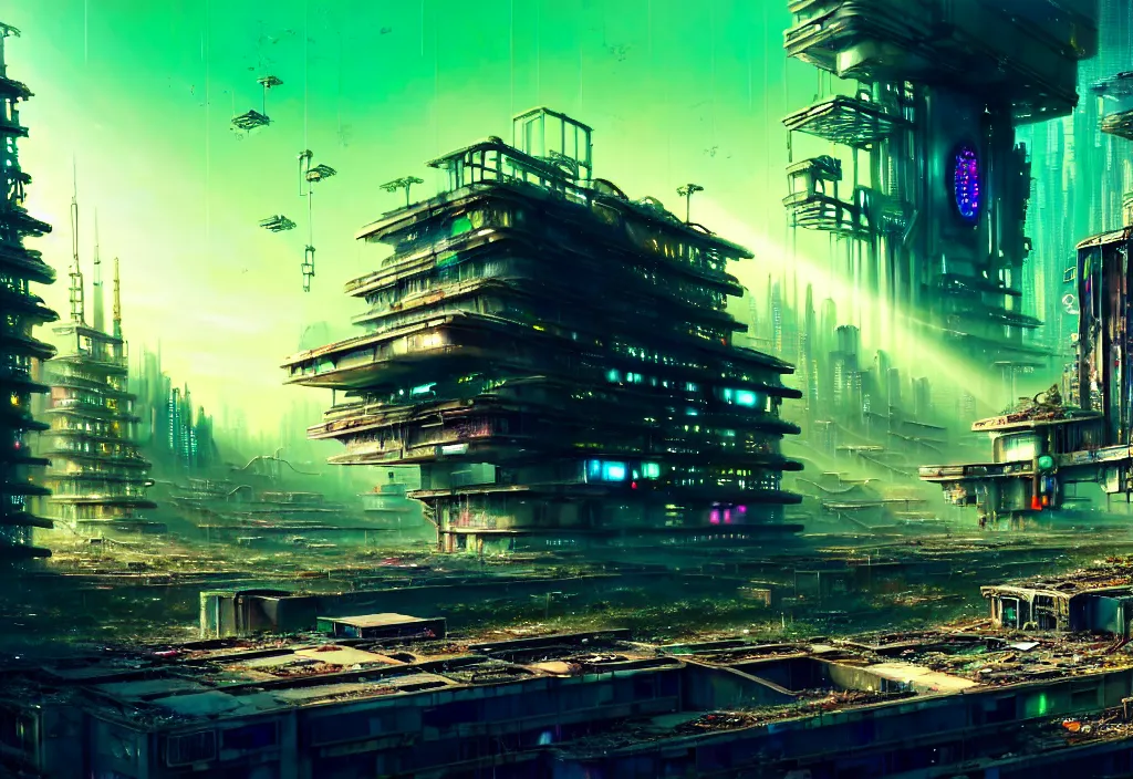 Image similar to A highly detailed crisp wide view of A beautiful futuristic cyberpunk abandoned dystopia city building with futuristic bright lights, plants allover , godray, sunlight breaking through clouds, clouds, debris on the ground, abandoned machines bright happy colors, chaotic , nitid horizon, factory by wangchen-cg, 王琛,Neil blevins, artstation, Gediminas Pranckevicius