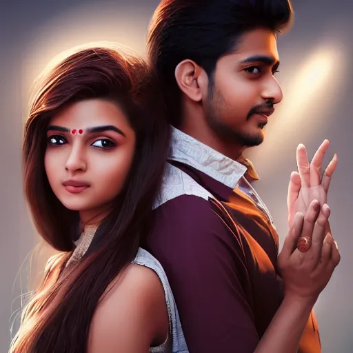 Image similar to theatrical press release ; indian young male and female couple sharing one heart ; stunning digital artwork by artgerm ; cinematic movie pose ; photorealistic, hyperrealistic, dramatic soft rim light ; highly detailed ; face by wlop ; trending on artstation ; cinematography from music video ; symmetrical, high coherence