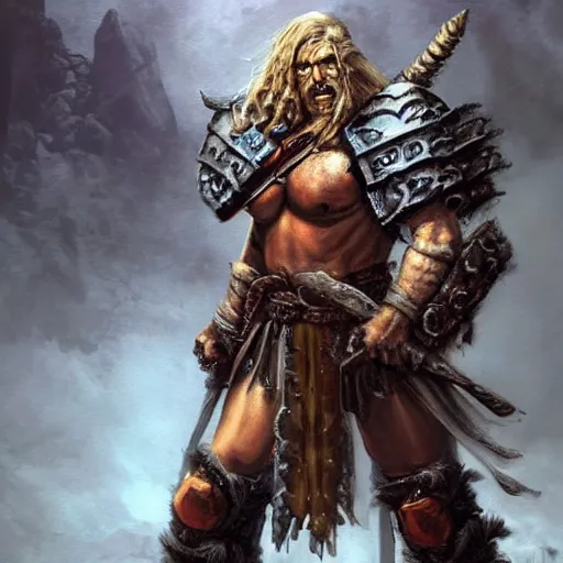 Image similar to a barbarian from diablo in heavy armor, artstation hall of fame gallery, editors choice, # 1 digital painting of all time, most beautiful image ever created, emotionally evocative, greatest art ever made, lifetime achievement magnum opus masterpiece, the most amazing breathtaking image with the deepest message ever painted, a thing of beauty beyond imagination or words