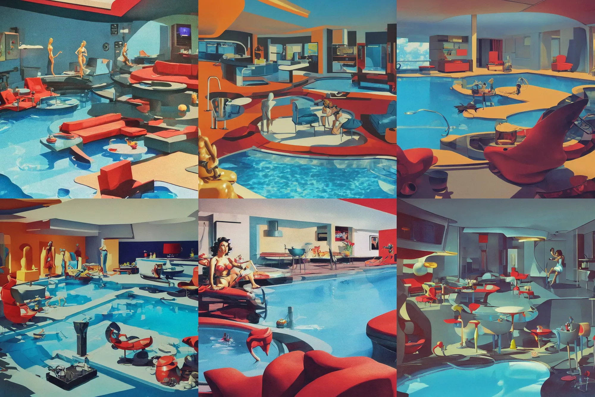 Prompt: cropped telephoto of!!!!!! shiny plastic sculpture!!!!!, depicting a!! futuristic lounge room!! with pool + kitchen ( ( ( sculpture styling influenced by norman rockwell + frank frazetta + syd mead ) ) ) ( rich colors, high contrast, gloomy atmosphere )