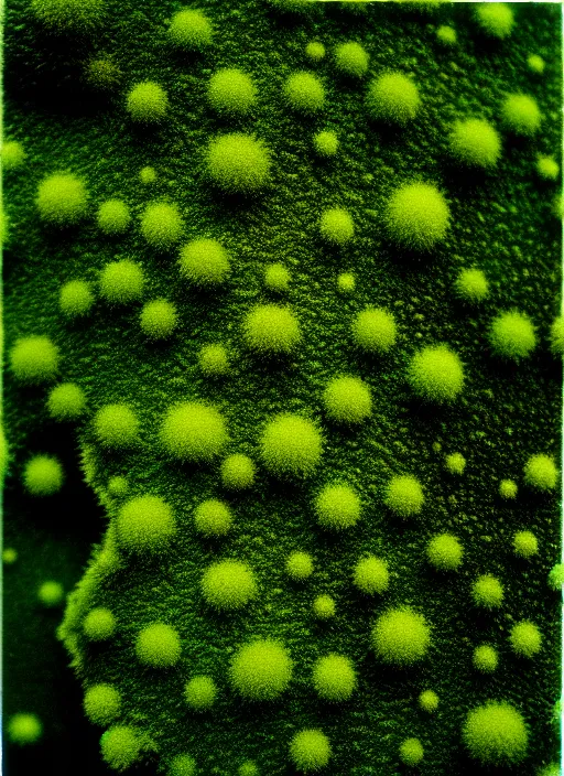 Image similar to realistic photo of a moist moss covered with white dots, fluffy microbe ; 1 9 9 0, microscope, closeup, bokeh, natural colors, kodak ektar, 2 0 0 iso, 3 5 mm lens, bill henson