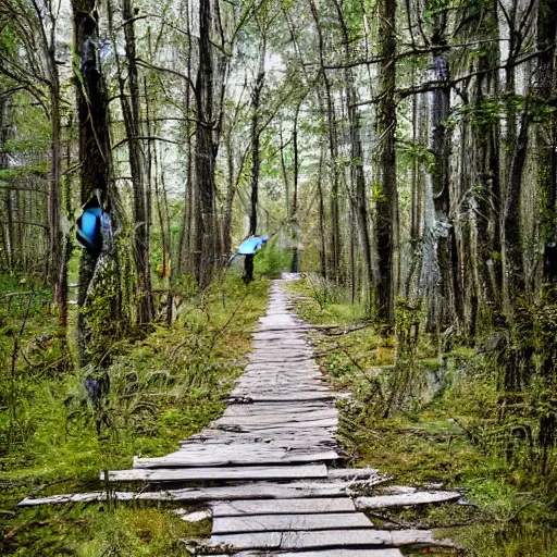 Prompt: path leading to an entrance with a gate to a forest with an abandoned wooden house