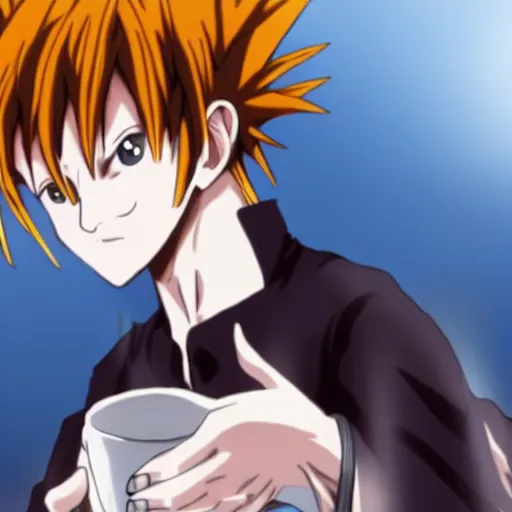 Image similar to a photo hisoka from hunterxhunter drinking coffee