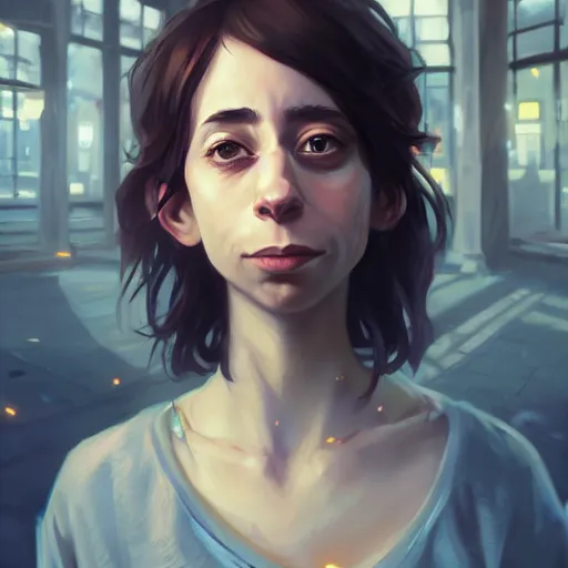 Prompt: Highly detailed full-body portrait of homeless Cristin Milioti, beautiful, fantasy art by Greg Rutkowski, Rhads, Makoto Shinkai and Lois van baarle, ilya kuvshinov, rossdraws global illumination, radiant light, detailed and intricate environment