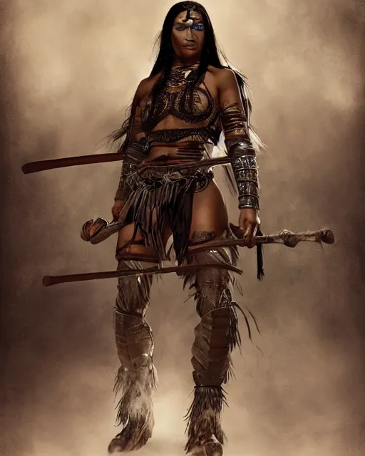 Image similar to Strong native American female beauty with long straight black hair in a ponytail and muscular figure, wearing roman black leather armor with detailed bronze ornaments, she is a fighter holding two sabers in a vivid jungle in natural light, low angle, mist, micro details, octane render, in the style of Anders Zorn and Jaime Jones, trending on artstation, concept art for movies