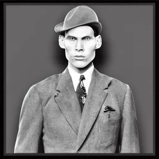 Image similar to A photograph portrait of Jerma985 wearing a suit with and fedora in the 1940s, taken in the early 1940s, grainy, taken on a 940s Kodak Camera, realistic, hyperrealistic, very realistic, highly detailed, very detailed, extremely detailed, detailed, digital art, trending on artstation