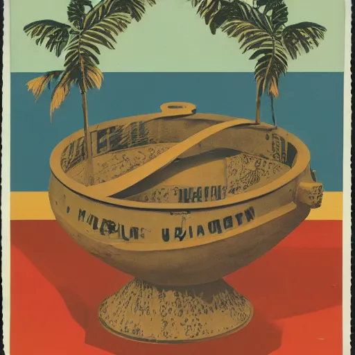 Prompt: A three color offset photography of single ((ethnographic )) object on display, anthropology of wonder, tropicalism, conceptual, exotic artifacts, colonial expedition, exhibition, 60s style