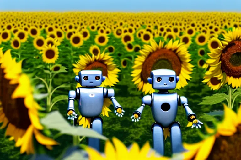 Image similar to a cute little robots at sunflower field. super realistic 8 k render of a elegant, cinematic composition