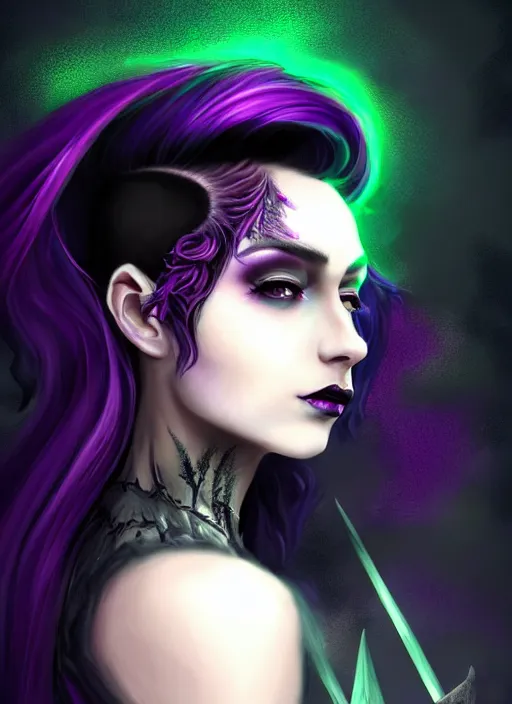 Image similar to side portrait dark queen, witch outfit large cloak, fantasy forest landscape, dragon scales, fantasy magic, undercut hairstyle, short purple black fade hair!!!!!!, dark light night, intricate, elegant, sharp focus, illustration, highly detailed!!!!!!!, digital painting, concept art, green neon smoke, matte painting, art by WLOP and Artgerm and Greg Rutkowski and Alphonse Mucha, masterpiece