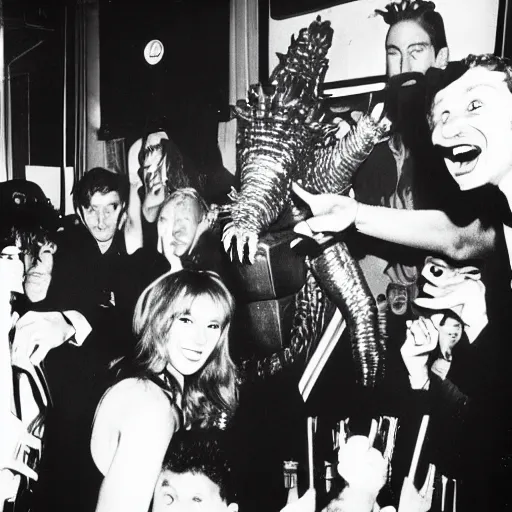 Image similar to godzilla partying at studio 5 4 b & w grainy photograph lots of celebrities including andy warhol